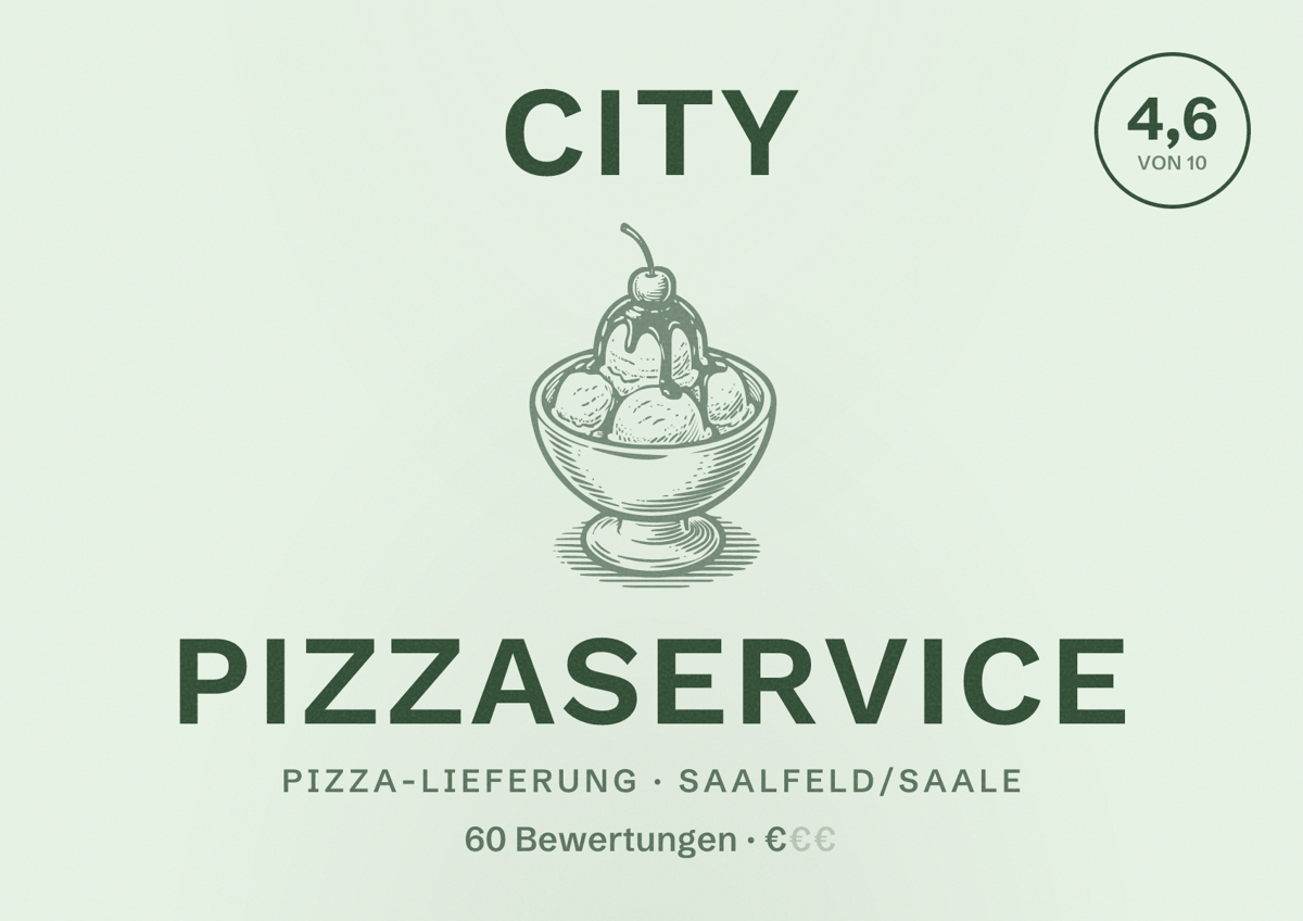 Illustriertes Poster von City Pizzaservice, Pizza-Lieferung in Saalfeld/Saale: Bewertung 4,6 von 10 aus 60 Bewertungen, Preisniveau €