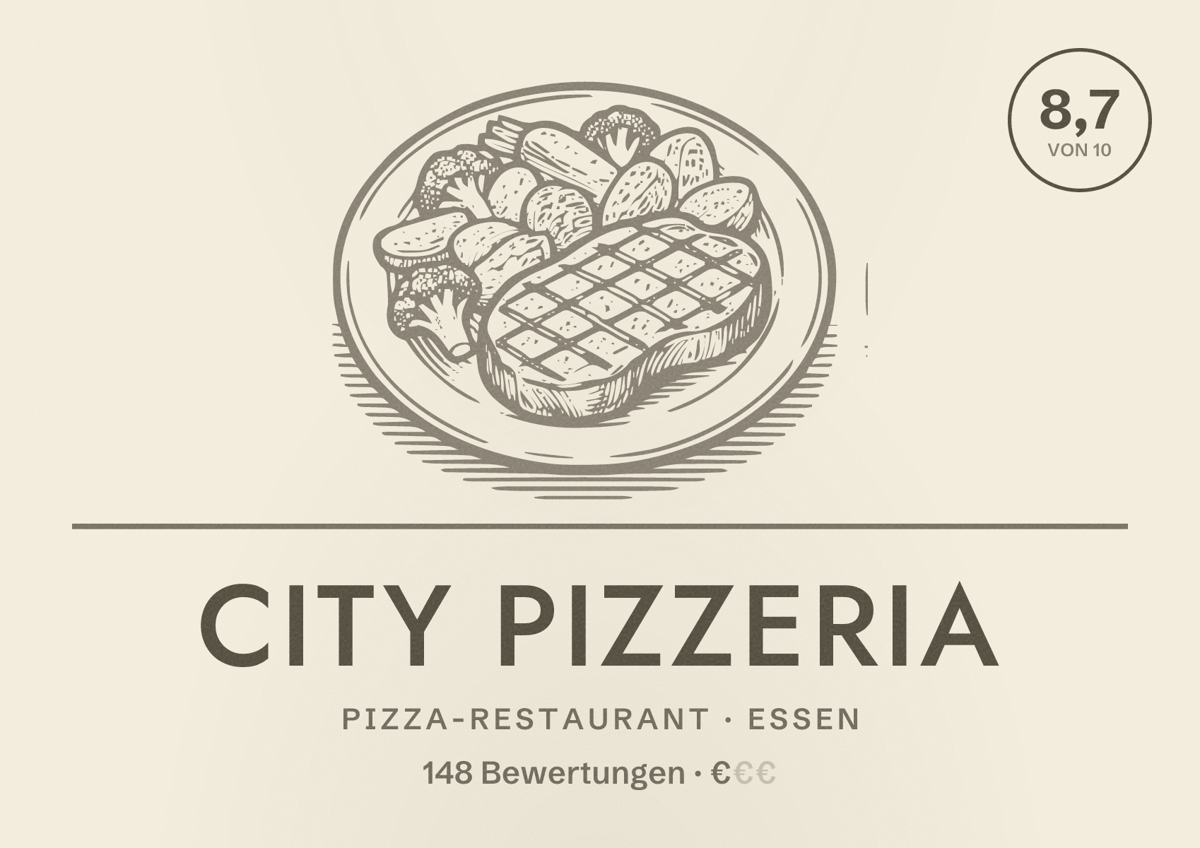 Illustriertes Poster von City Pizzeria, Pizza-Restaurant in Essen: Bewertung 8,7 von 10 aus 148 Bewertungen, Preisniveau €