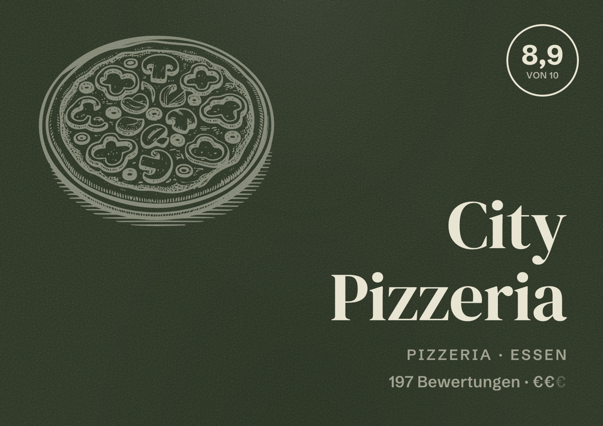 Illustriertes Poster von City Pizzeria, Pizzeria in Essen: Bewertung 8,9 von 10 aus 197 Bewertungen, Preisniveau €€
