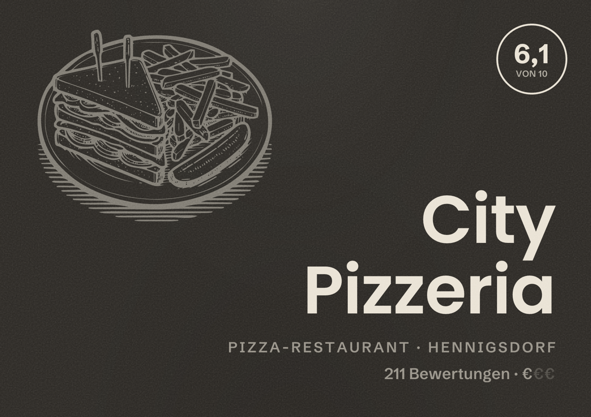 Illustriertes Poster von City Pizzeria, Pizza-Restaurant in Hennigsdorf: Bewertung 6,1 von 10 aus 211 Bewertungen, Preisniveau €