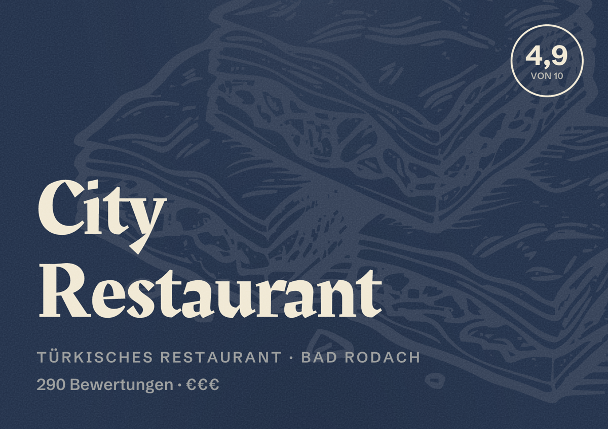 Illustriertes Poster von City Restaurant, Türkisches Restaurant in Bad Rodach: Bewertung 4,9 von 10 aus 290 Bewertungen, Preisniveau €€€