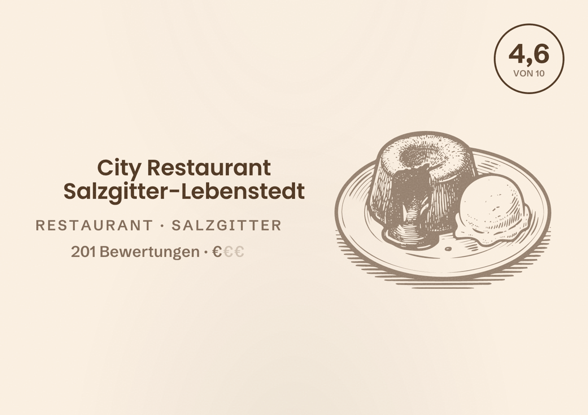 Illustriertes Poster von City Restaurant Salzgitter-Lebenstedt, Restaurant in Salzgitter: Bewertung 4,6 von 10 aus 201 Bewertungen, Preisniveau €