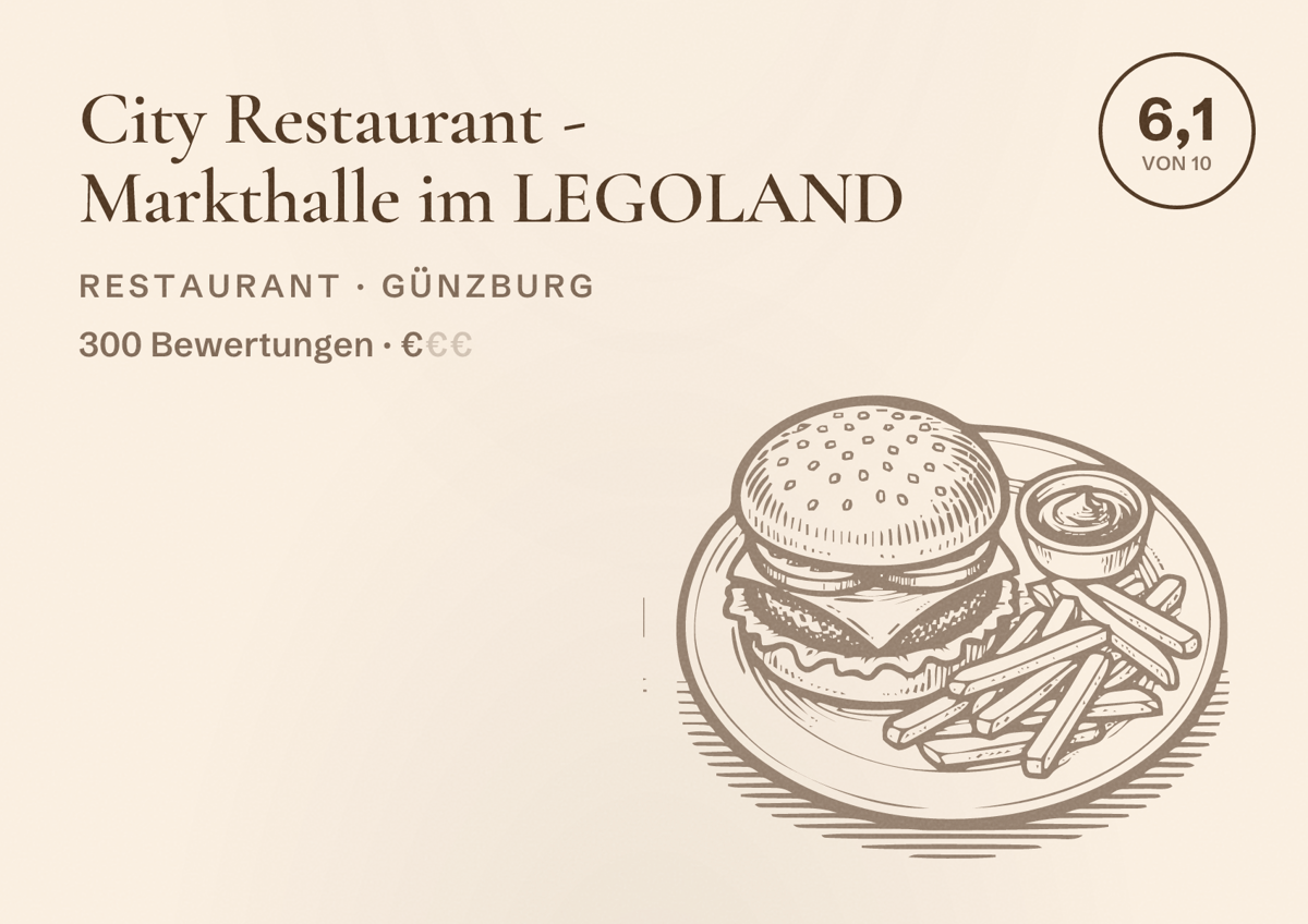 Illustriertes Poster von City Restaurant - Markthalle im LEGOLAND, Restaurant in Günzburg: Bewertung 6,1 von 10 aus 300 Bewertungen, Preisniveau €