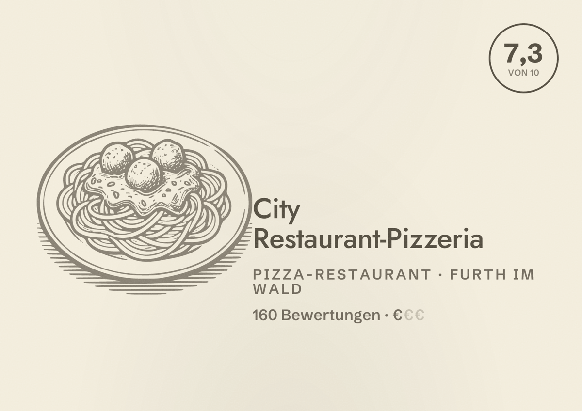 Illustriertes Poster von City Restaurant-Pizzeria, Pizza-Restaurant in Furth im Wald: Bewertung 7,3 von 10 aus 160 Bewertungen, Preisniveau €