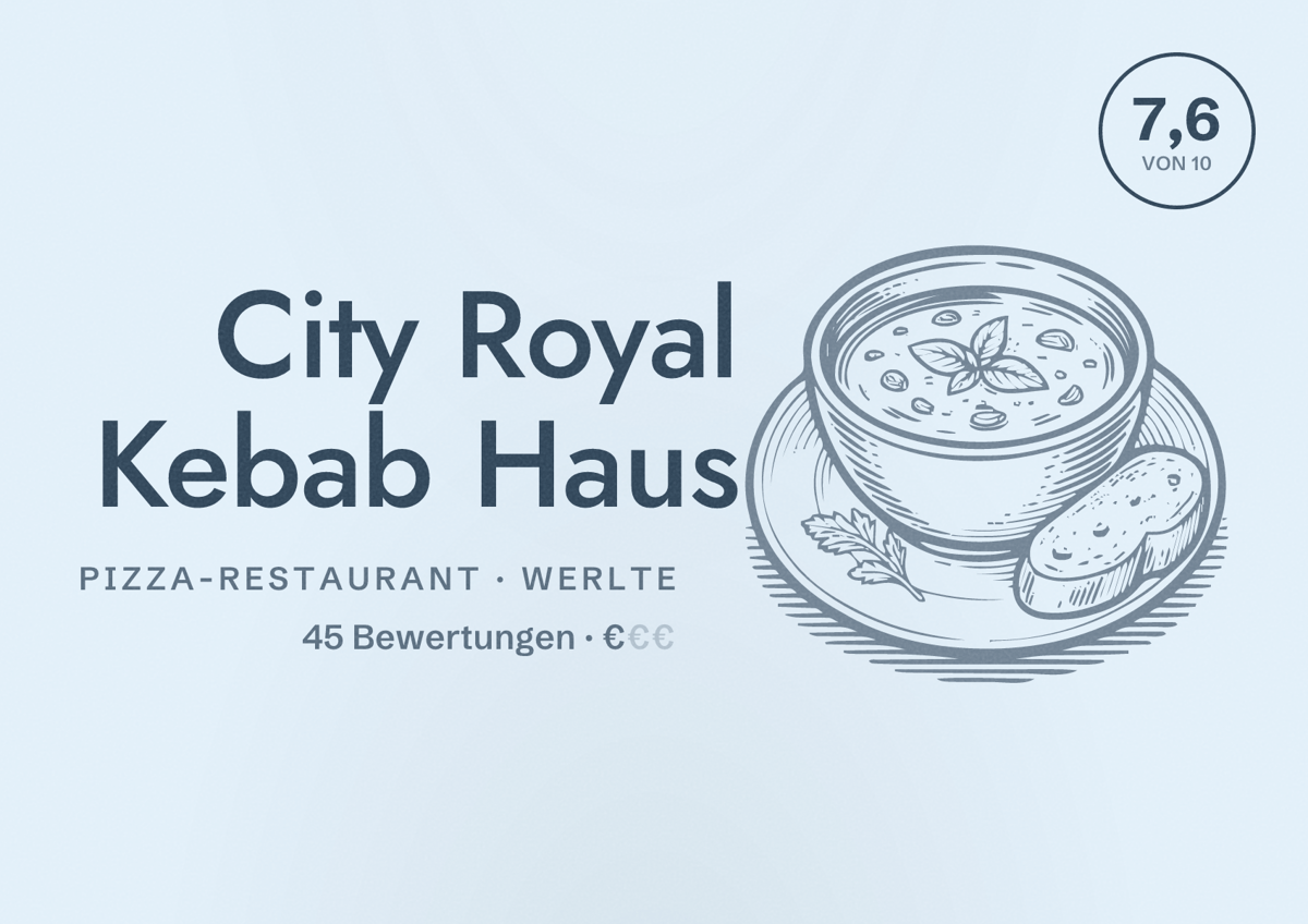 Illustriertes Poster von City Royal Kebab Haus, Pizza-Restaurant in Werlte: Bewertung 7,6 von 10 aus 45 Bewertungen, Preisniveau €
