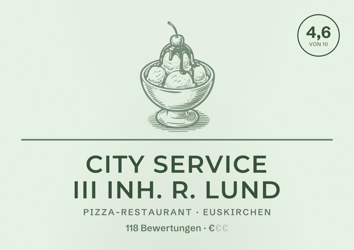 Illustriertes Poster von City Service III Inh. R. Lund, Pizza-Restaurant in Euskirchen: Bewertung 4,6 von 10 aus 118 Bewertungen, Preisniveau €