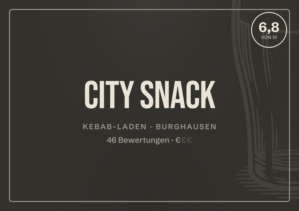 Illustriertes Poster von City Snack, Kebab-Laden in Burghausen: Bewertung 6,8 von 10 aus 46 Bewertungen, Preisniveau €