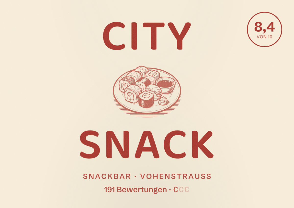 Illustriertes Poster von City Snack, Snackbar in Vohenstrauß: Bewertung 8,4 von 10 aus 191 Bewertungen, Preisniveau €