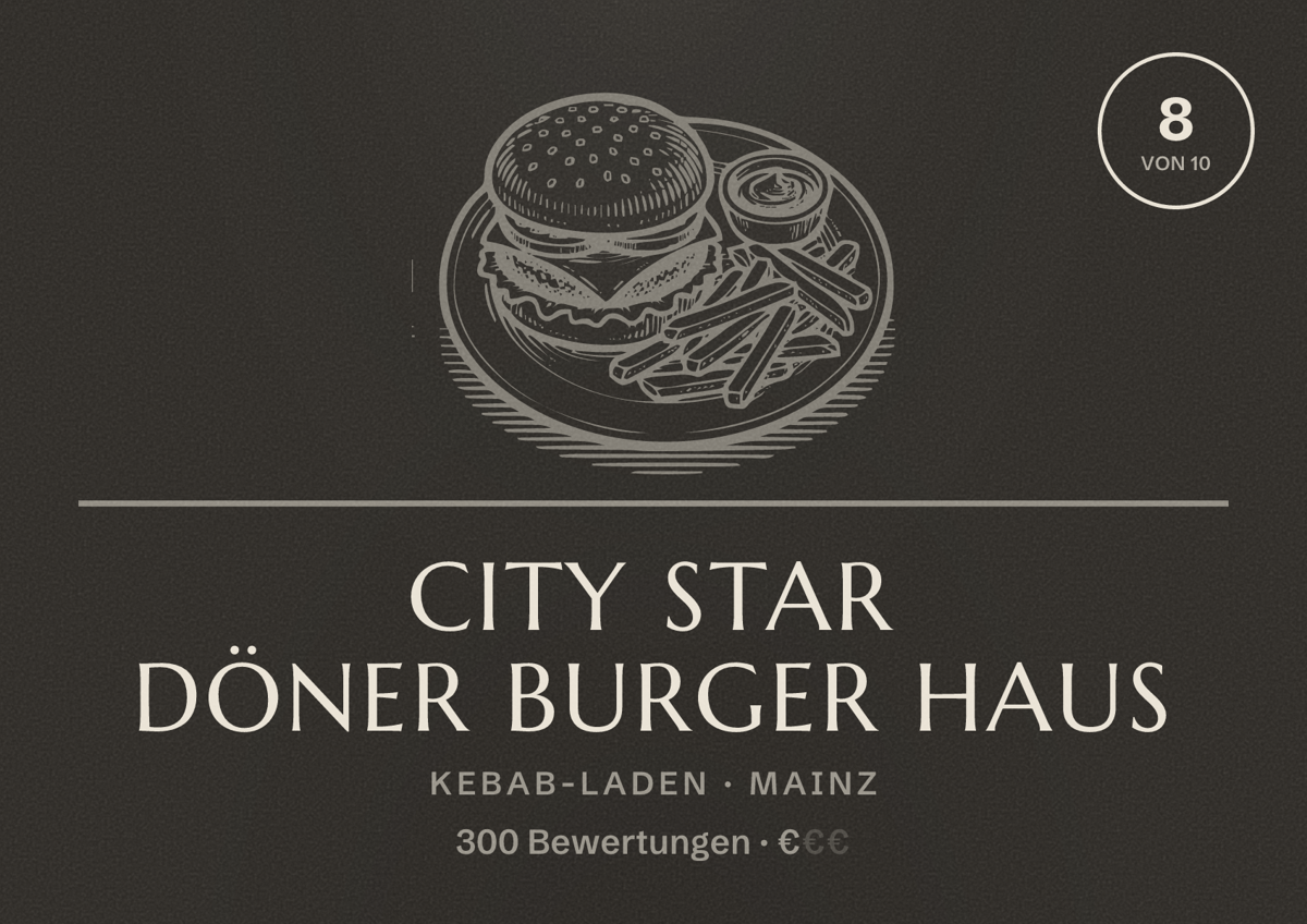 Illustriertes Poster von City Star Döner Burger Haus, Kebab-Laden in Mainz: Bewertung 8 von 10 aus 300 Bewertungen, Preisniveau €