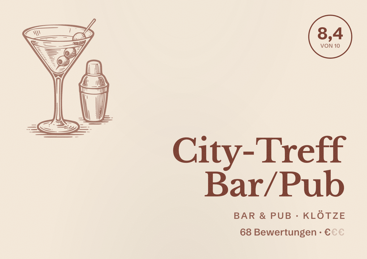 Illustriertes Poster von City-Treff Bar/Pub, Bar & Pub in Klötze: Bewertung 8,4 von 10 aus 68 Bewertungen, Preisniveau €