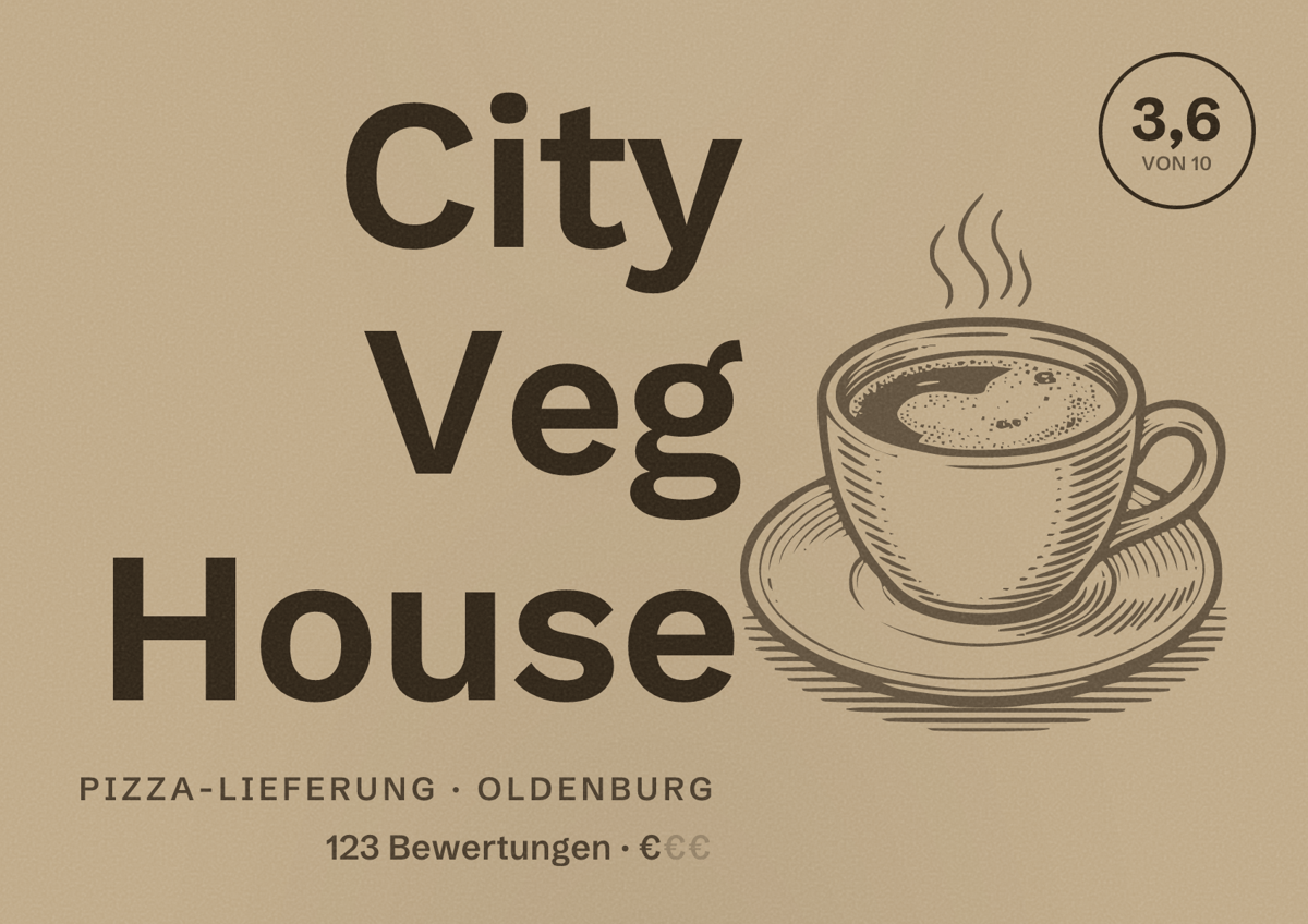 Illustriertes Poster von City Veg House, Pizza-Lieferung in Oldenburg: Bewertung 3,6 von 10 aus 123 Bewertungen, Preisniveau €