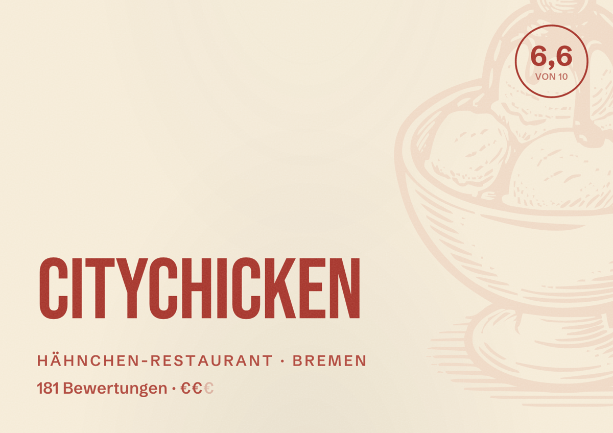 Illustriertes Poster von CityChicken, Hähnchen-Restaurant in Bremen: Bewertung 6,6 von 10 aus 181 Bewertungen, Preisniveau €€