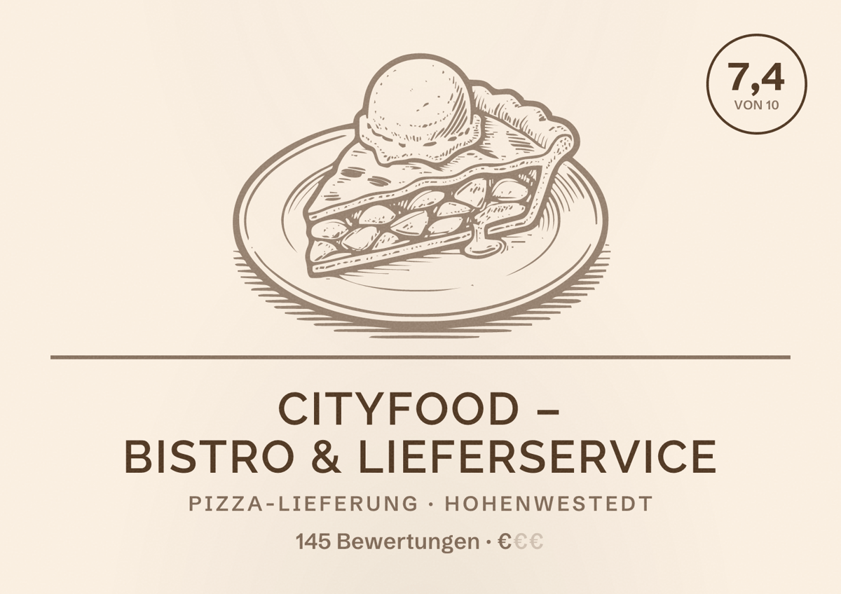 Illustriertes Poster von CITYFOOD – Bistro & Lieferservice, Pizza-Lieferung in Hohenwestedt: Bewertung 7,4 von 10 aus 145 Bewertungen, Preisniveau €