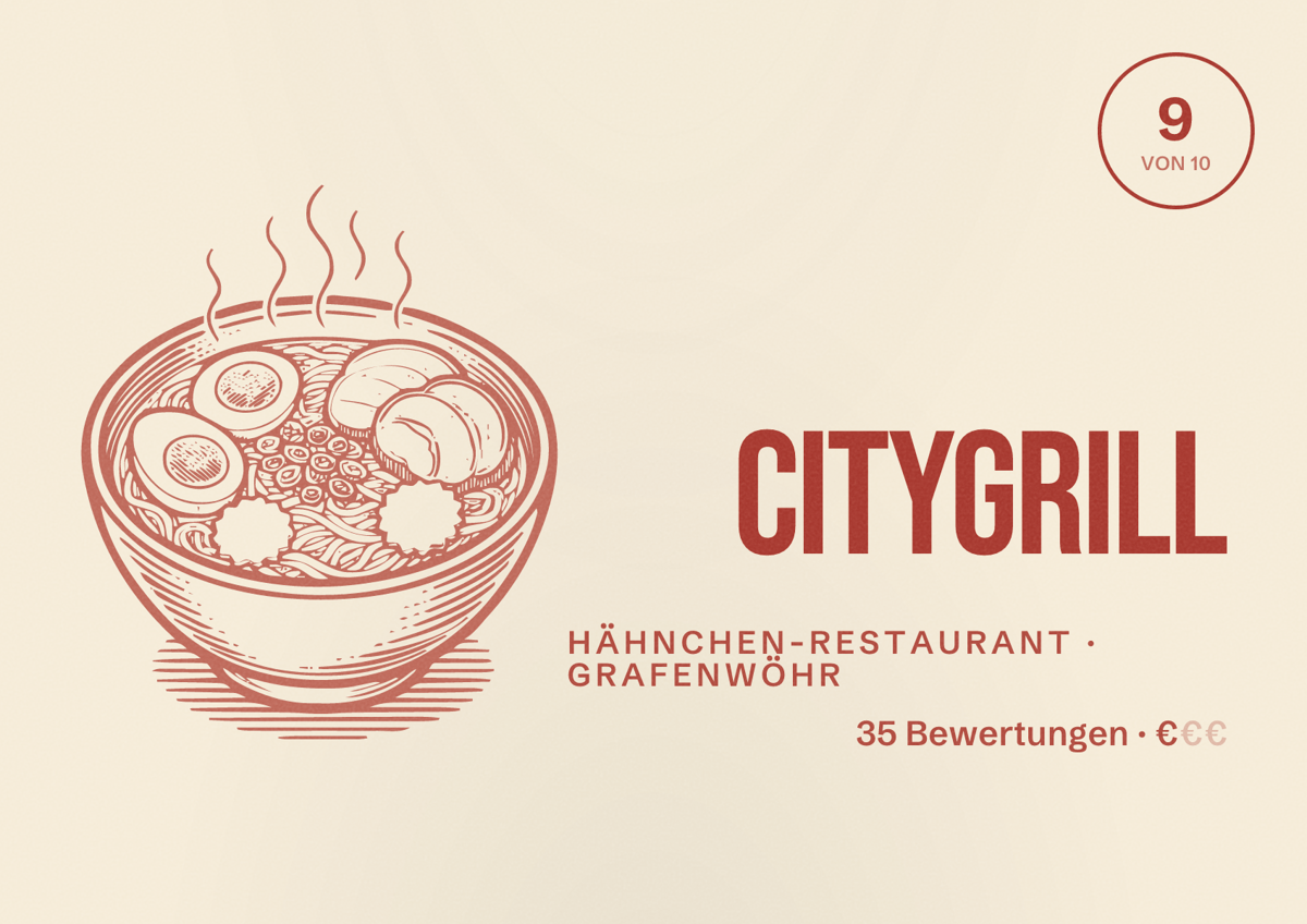 Illustriertes Poster von CityGrill, Hähnchen-Restaurant in Grafenwöhr: Bewertung 9 von 10 aus 35 Bewertungen, Preisniveau €