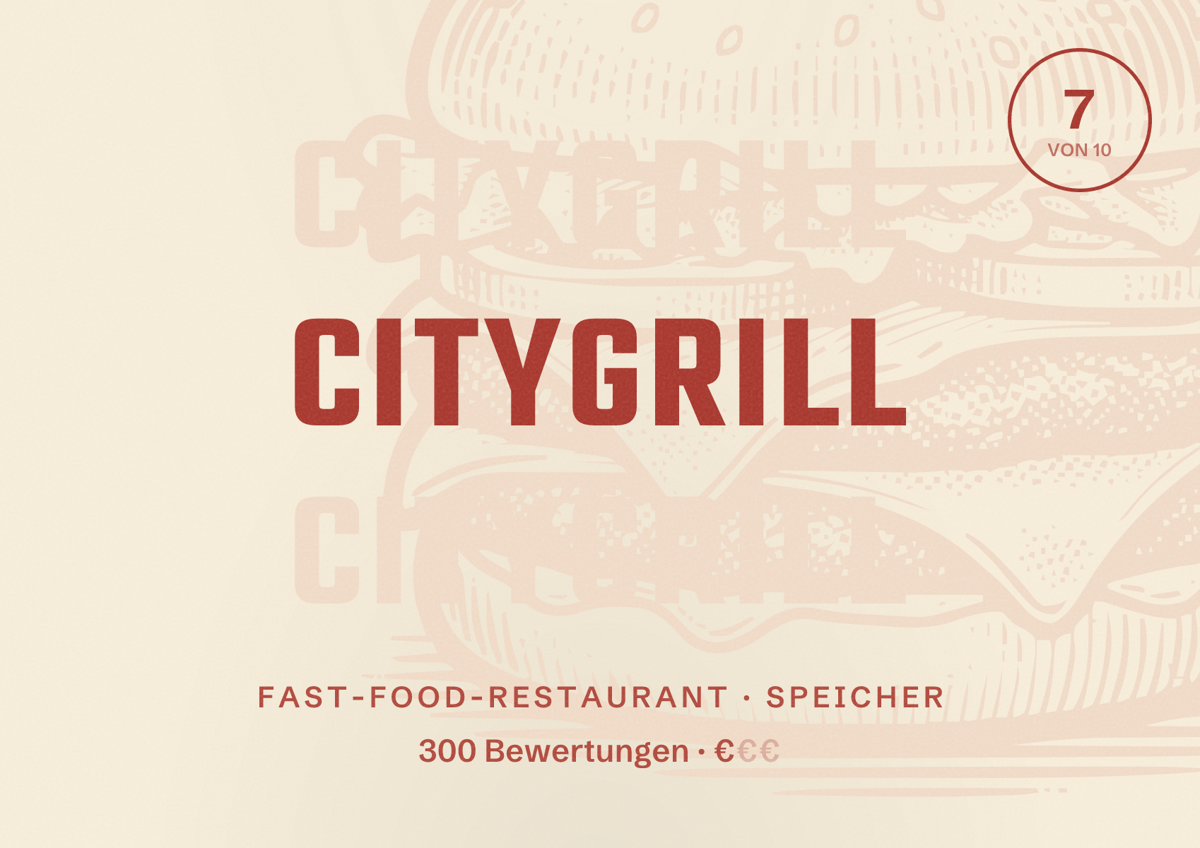 Illustriertes Poster von Citygrill, Fast-Food-Restaurant in Speicher: Bewertung 7 von 10 aus 300 Bewertungen, Preisniveau €