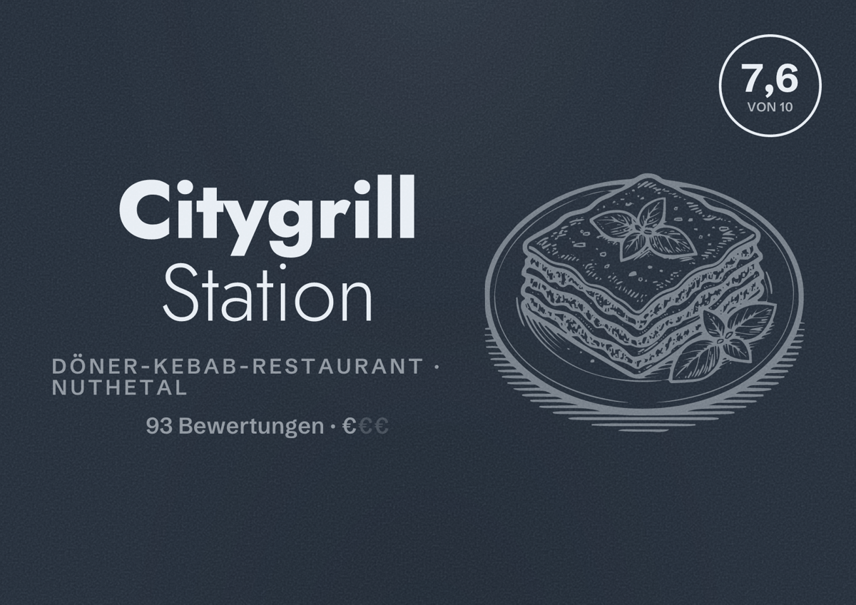 Illustriertes Poster von Citygrill Station, Döner-Kebab-Restaurant in Nuthetal: Bewertung 7,6 von 10 aus 93 Bewertungen, Preisniveau €