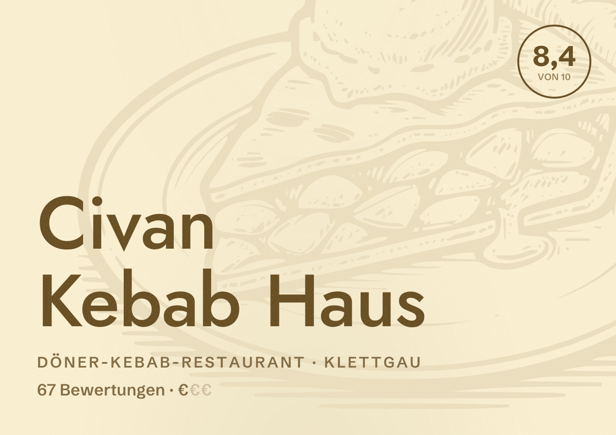 Illustriertes Poster von Civan Kebab Haus, Döner-Kebab-Restaurant in Klettgau: Bewertung 8,4 von 10 aus 67 Bewertungen, Preisniveau €