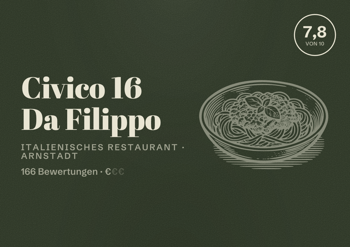 Illustriertes Poster von Civico 16 Da Filippo, Italienisches Restaurant in Arnstadt: Bewertung 7,8 von 10 aus 166 Bewertungen, Preisniveau €