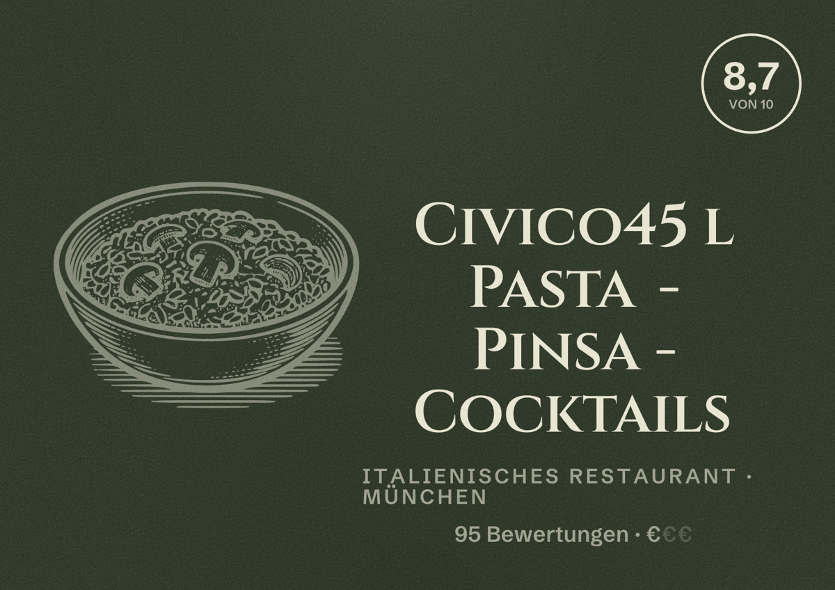 Illustriertes Poster von Civico45 l Pasta - Pinsa - Cocktails, Italienisches Restaurant in München: Bewertung 8,7 von 10 aus 95 Bewertungen, Preisniveau €