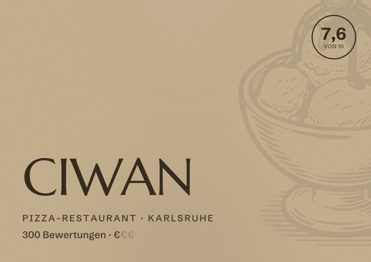 Illustriertes Poster von CIWAN, Pizza-Restaurant in Karlsruhe: Bewertung 7,6 von 10 aus 300 Bewertungen, Preisniveau €