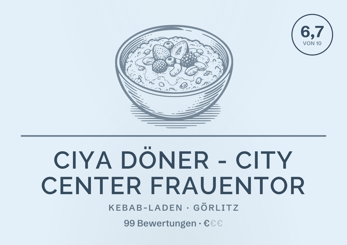 Illustriertes Poster von Ciya Döner - City Center Frauentor, Kebab-Laden in Görlitz: Bewertung 6,7 von 10 aus 99 Bewertungen, Preisniveau €