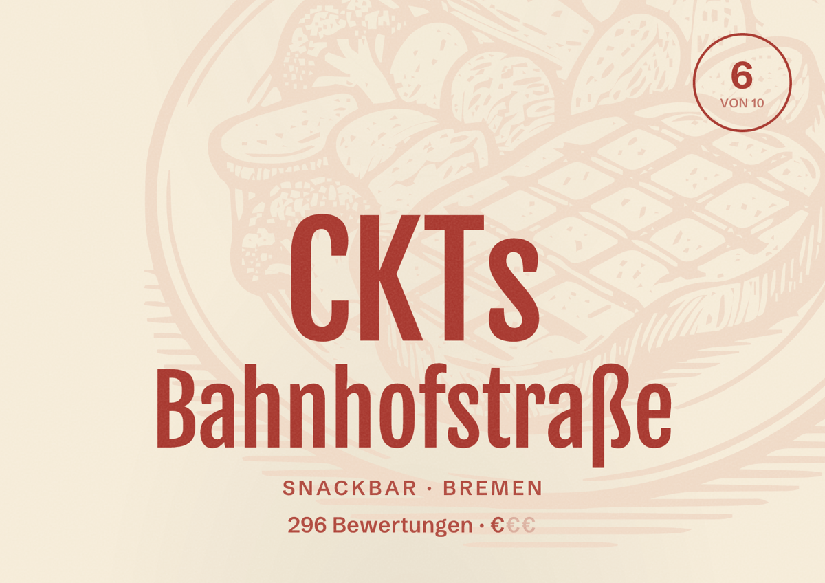 Illustriertes Poster von CKTs Bahnhofstraße, Snackbar in Bremen: Bewertung 6 von 10 aus 296 Bewertungen, Preisniveau €