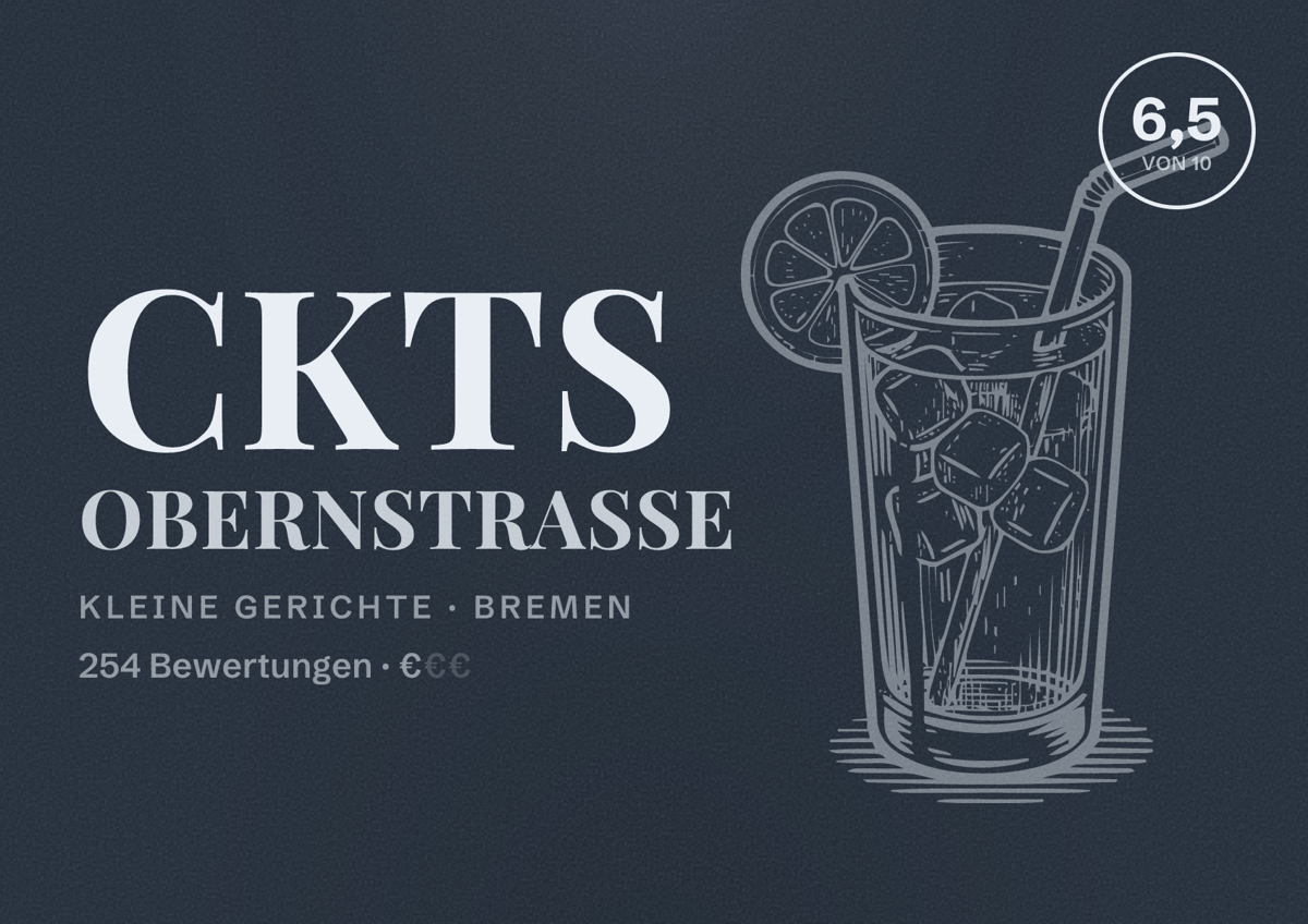 Illustriertes Poster von CKTs Obernstraße, Kleine Gerichte in Bremen: Bewertung 6,5 von 10 aus 254 Bewertungen, Preisniveau €