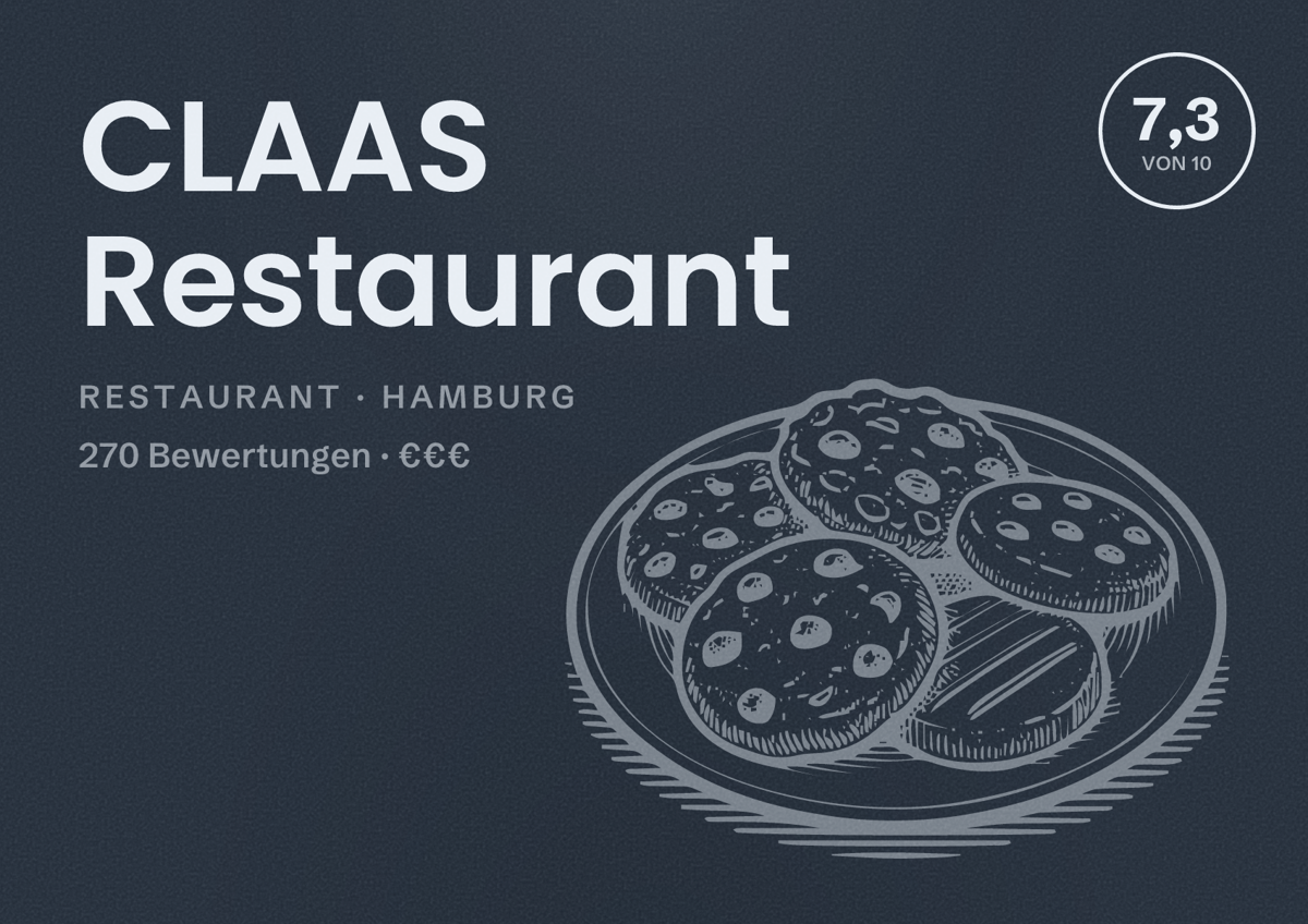 Illustriertes Poster von CLAAS Restaurant, Restaurant in Hamburg: Bewertung 7,3 von 10 aus 270 Bewertungen, Preisniveau €€€