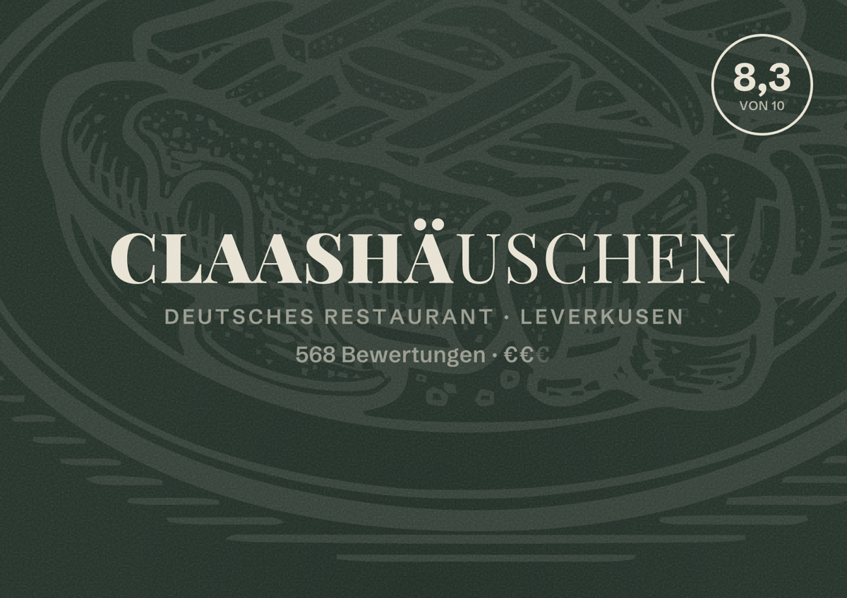 Illustriertes Poster von Claashäuschen, Deutsches Restaurant in Leverkusen: Bewertung 8,3 von 10 aus 568 Bewertungen, Preisniveau €€