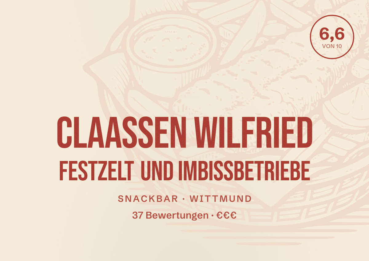 Illustriertes Poster von Claassen Wilfried Festzelt und Imbissbetriebe, Snackbar in Wittmund: Bewertung 6,6 von 10 aus 37 Bewertungen, Preisniveau €€€
