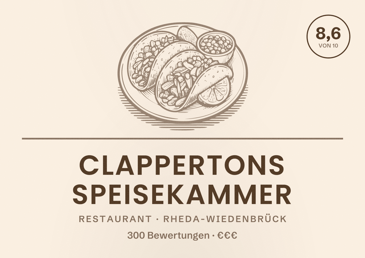 Illustriertes Poster von CLAPPERTONs speisekammer, Restaurant in Rheda-Wiedenbrück: Bewertung 8,6 von 10 aus 300 Bewertungen, Preisniveau €€€