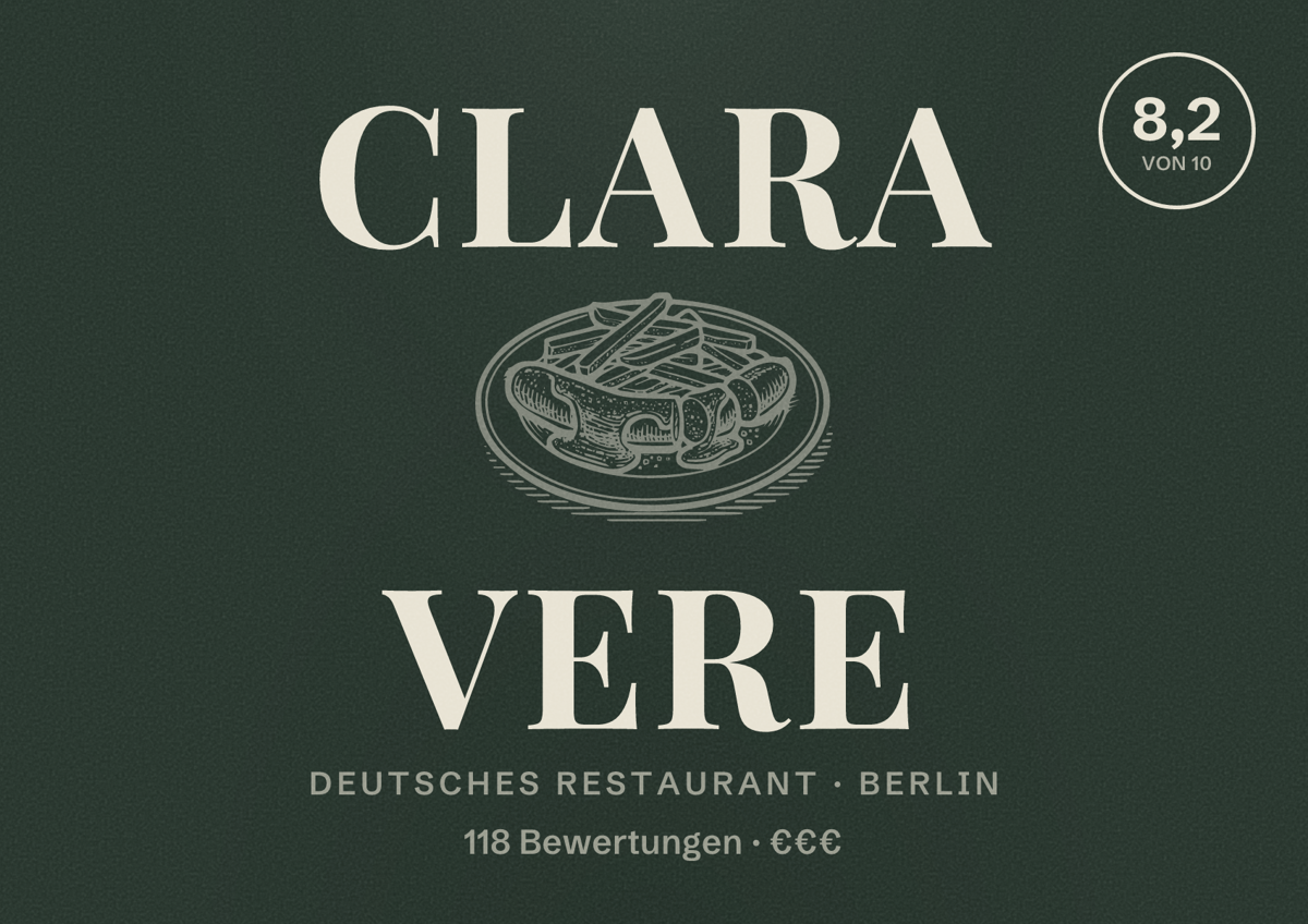 Illustriertes Poster von Clara Vere, Deutsches Restaurant in Berlin: Bewertung 8,2 von 10 aus 118 Bewertungen, Preisniveau €€€