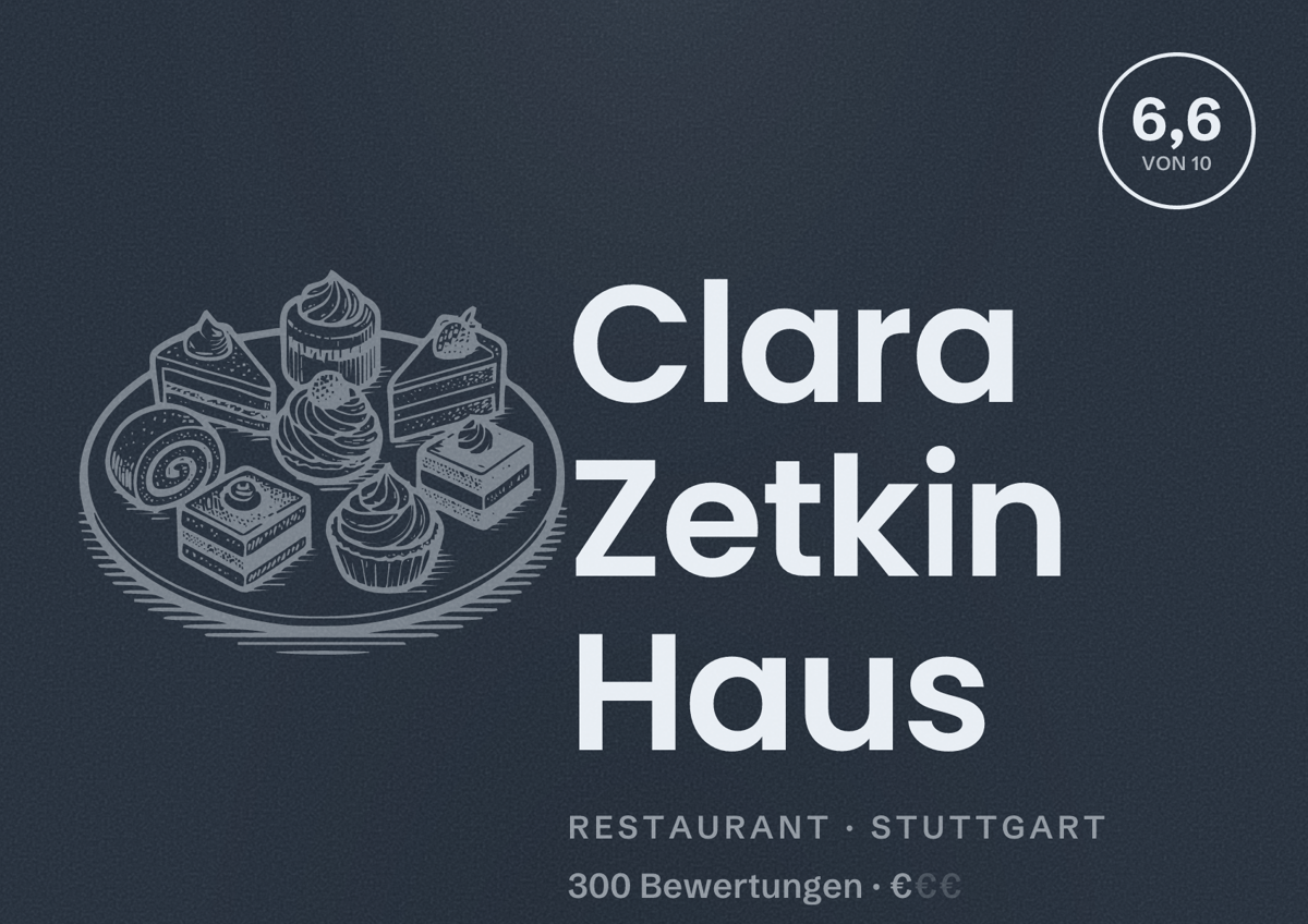 Illustriertes Poster von Clara Zetkin Haus, Restaurant in Stuttgart: Bewertung 6,6 von 10 aus 300 Bewertungen, Preisniveau €