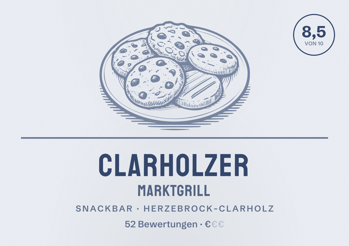 Illustriertes Poster von Clarholzer Marktgrill, Snackbar in Herzebrock-Clarholz: Bewertung 8,5 von 10 aus 52 Bewertungen, Preisniveau €