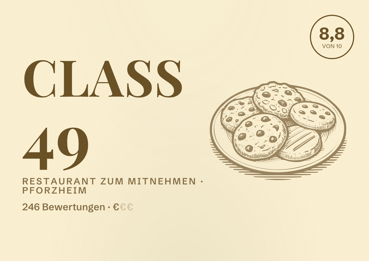 Illustriertes Poster von Class 49, Restaurant zum Mitnehmen in Pforzheim: Bewertung 8,8 von 10 aus 246 Bewertungen, Preisniveau €