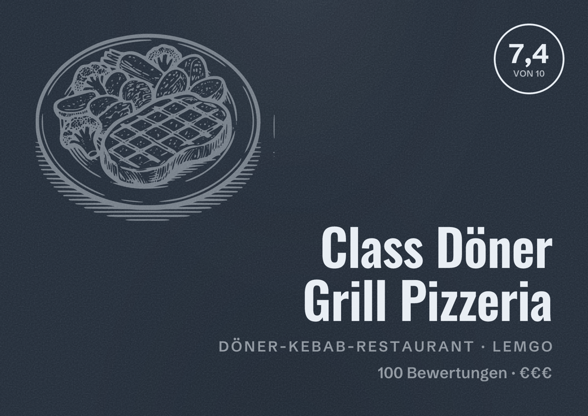 Illustriertes Poster von Class Döner Grill Pizzeria, Döner-Kebab-Restaurant in Lemgo: Bewertung 7,4 von 10 aus 100 Bewertungen, Preisniveau €€€