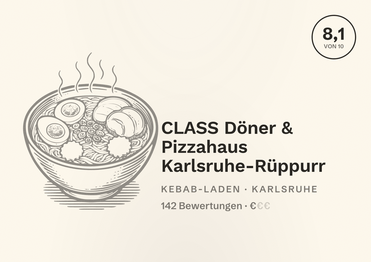 Illustriertes Poster von CLASS Döner & Pizzahaus Karlsruhe-Rüppurr, Kebab-Laden in Karlsruhe: Bewertung 8,1 von 10 aus 142 Bewertungen, Preisniveau €