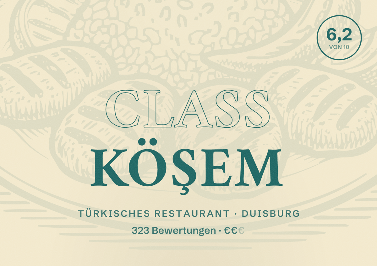 Illustriertes Poster von Class Köşem, Türkisches Restaurant in Duisburg: Gästebewertung 6,2 von 10 aus 323 Bewertungen
