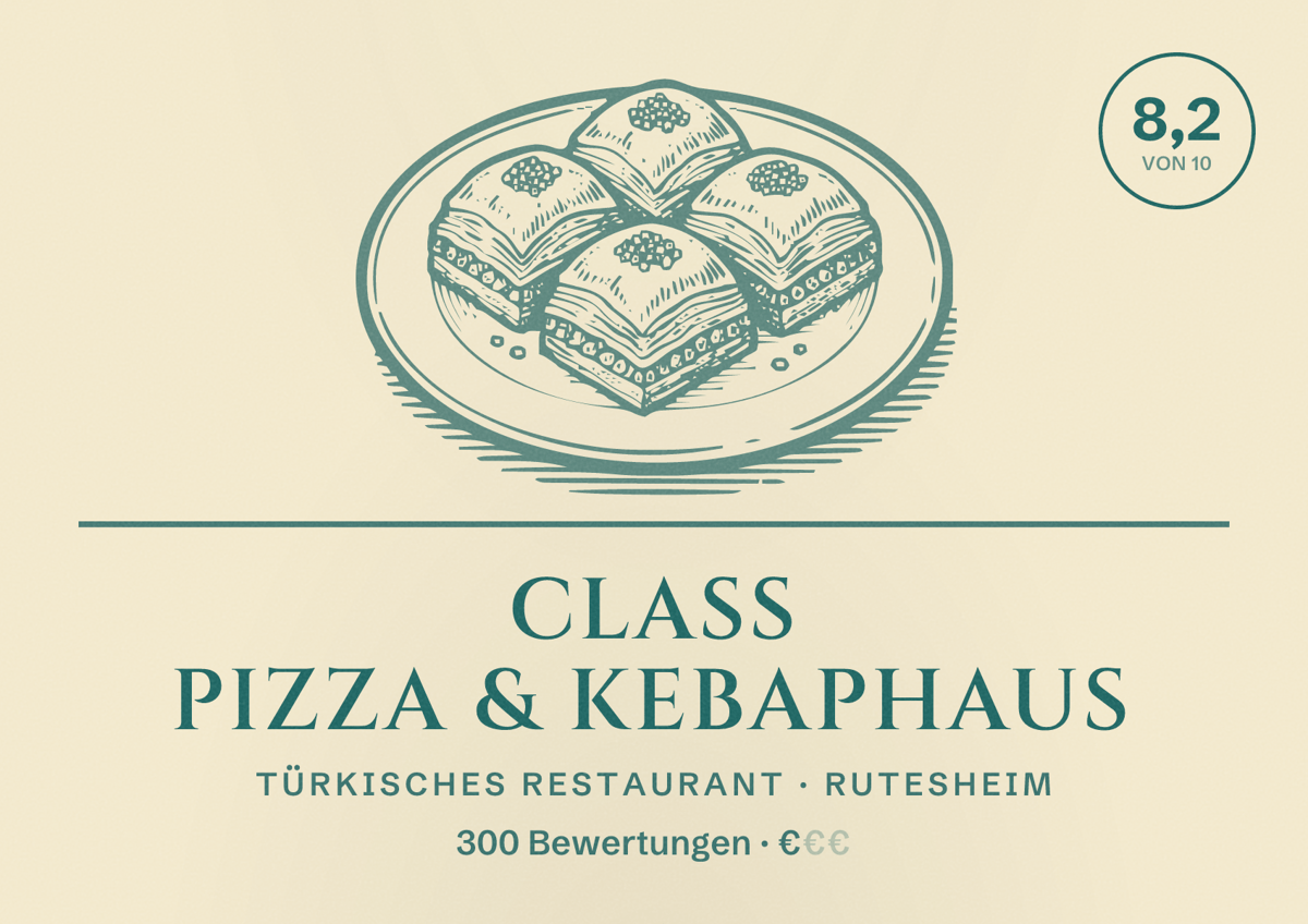 Illustriertes Poster von Class Pizza & Kebaphaus, Türkisches Restaurant in Rutesheim: Bewertung 8,2 von 10 aus 300 Bewertungen, Preisniveau €