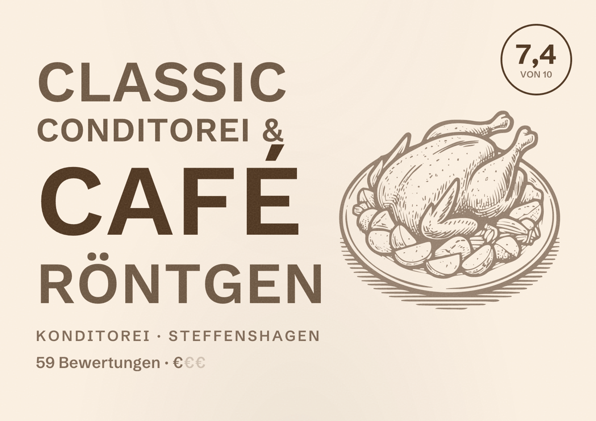 Illustriertes Poster von Classic Conditorei & Café Röntgen, Konditorei in Steffenshagen: Bewertung 7,4 von 10 aus 59 Bewertungen, Preisniveau €