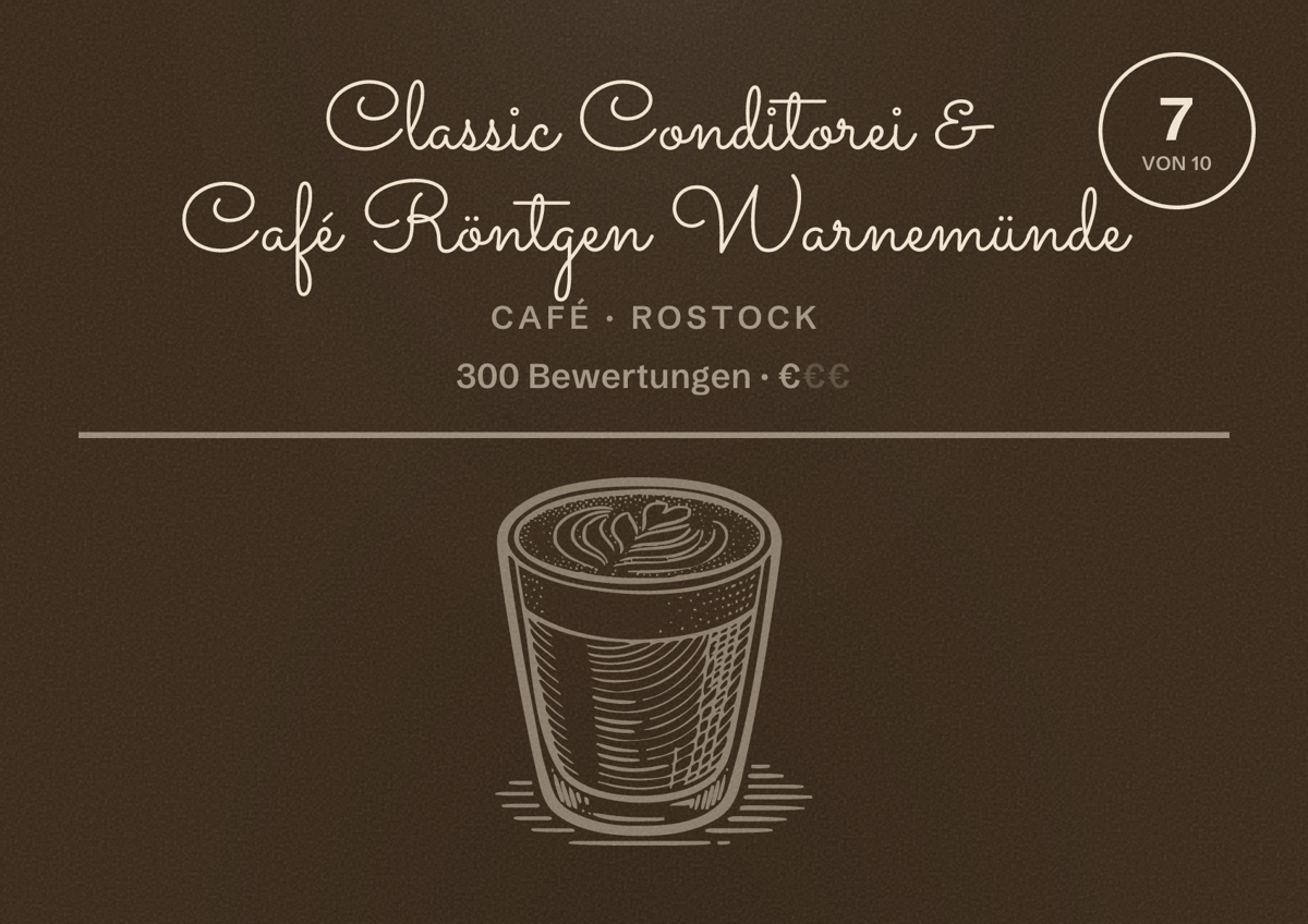 Illustriertes Poster von Classic Conditorei & Café Röntgen Warnemünde, Café in Rostock: Bewertung 7 von 10 aus 300 Bewertungen, Preisniveau €