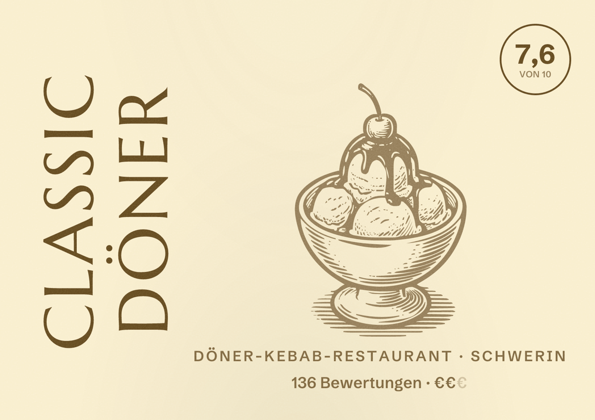 Illustriertes Poster von Classic Döner, Döner-Kebab-Restaurant in Schwerin: Bewertung 7,6 von 10 aus 136 Bewertungen, Preisniveau €€