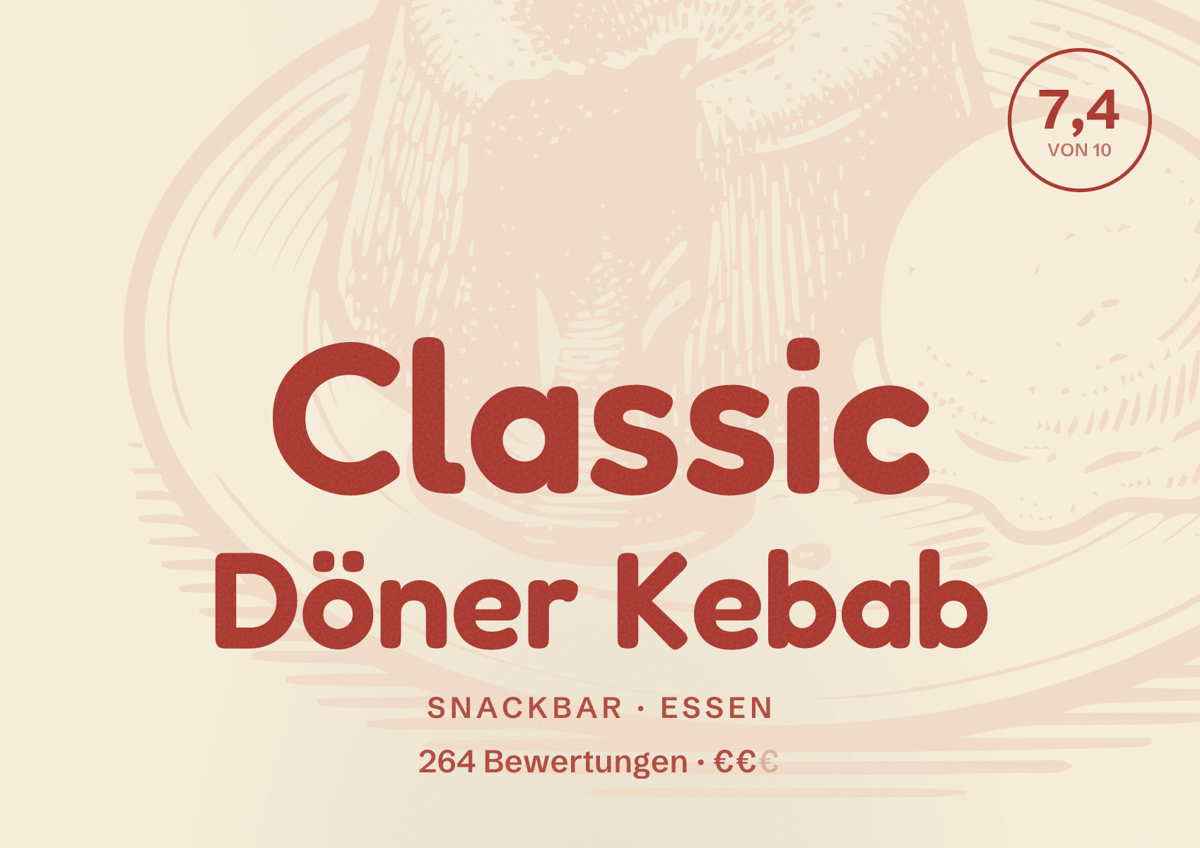 Illustriertes Poster von Classic Döner Kebab, Snackbar in Essen: Bewertung 7,4 von 10 aus 264 Bewertungen, Preisniveau €€