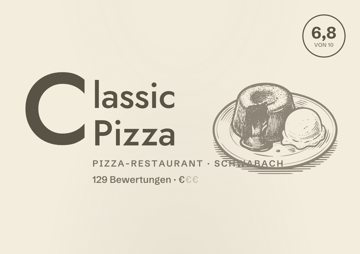 Illustriertes Poster von Classic Pizza, Pizza-Restaurant in Schwabach: Bewertung 6,8 von 10 aus 129 Bewertungen, Preisniveau €
