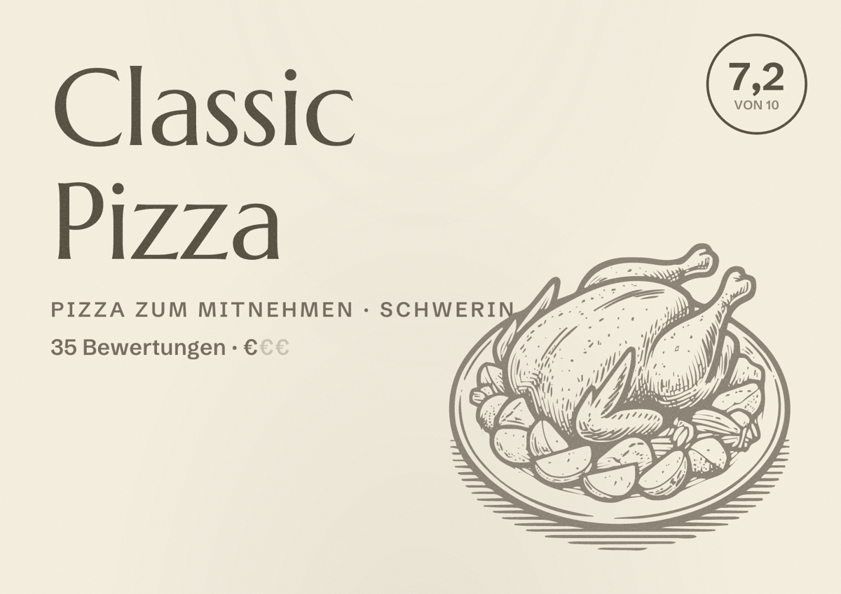 Illustriertes Poster von Classic Pizza, Pizza zum Mitnehmen in Schwerin: Bewertung 7,2 von 10 aus 35 Bewertungen, Preisniveau €