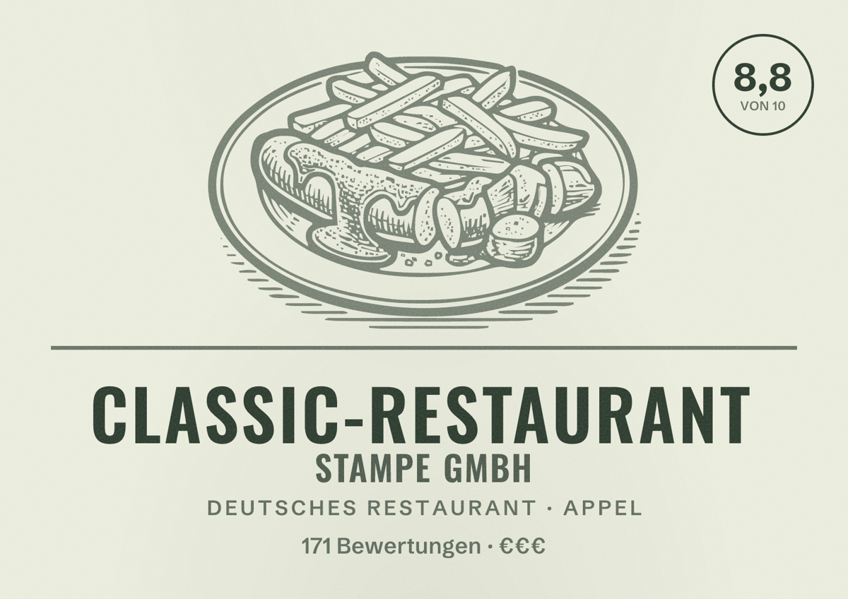 Illustriertes Poster von Classic-Restaurant Stampe GmbH, Deutsches Restaurant in Appel: Bewertung 8,8 von 10 aus 171 Bewertungen, Preisniveau €€€