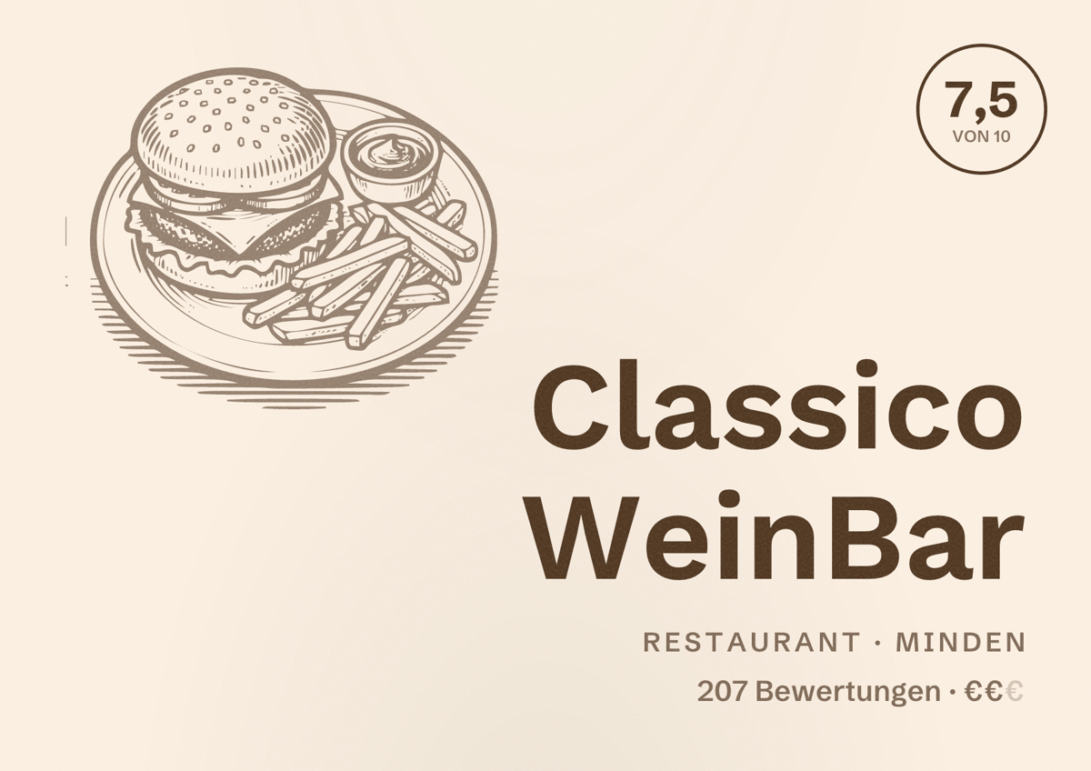 Illustriertes Poster von Classico WeinBar, Restaurant in Minden: Bewertung 7,5 von 10 aus 207 Bewertungen, Preisniveau €€
