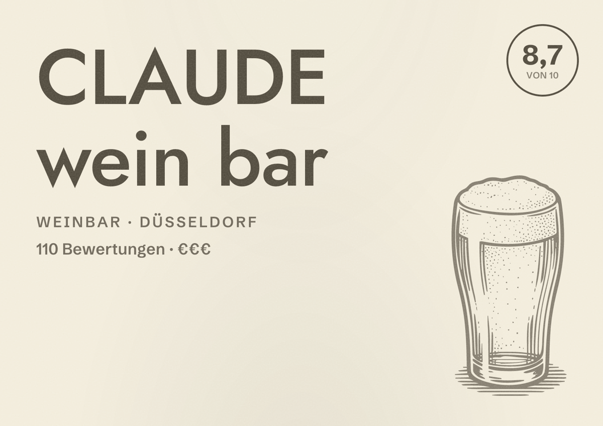 Illustriertes Poster von CLAUDE wein bar, Weinbar in Düsseldorf: Bewertung 8,7 von 10 aus 110 Bewertungen, Preisniveau €€€