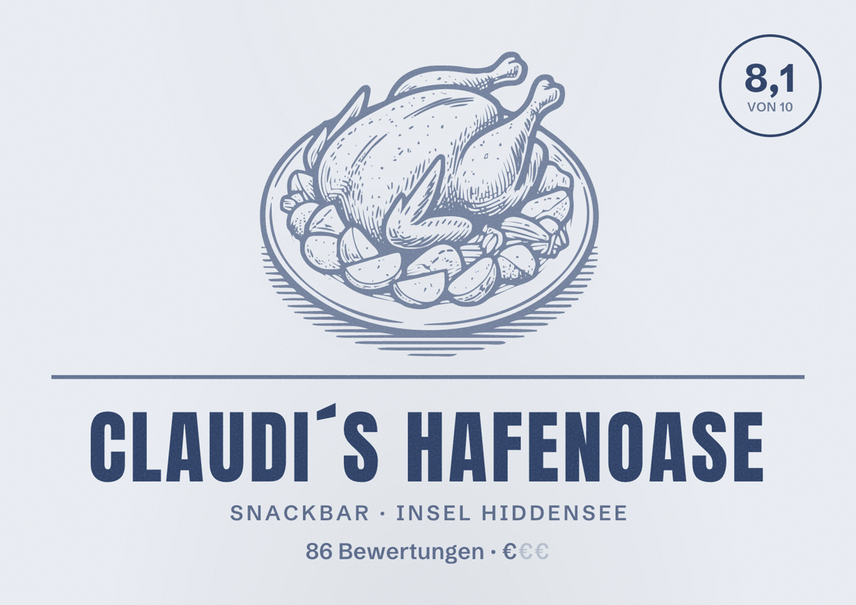 Illustriertes Poster von Claudi´s HafenOase, Snackbar in Insel Hiddensee: Bewertung 8,1 von 10 aus 86 Bewertungen, Preisniveau €