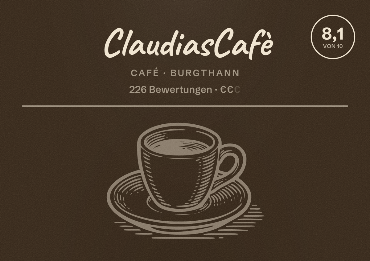 Illustriertes Poster von ClaudiasCafè, Café in Burgthann: Bewertung 8,1 von 10 aus 226 Bewertungen, Preisniveau €€